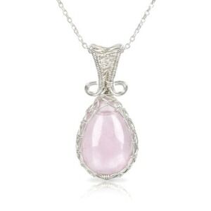 Pink‎ Kunzite Crystal Teardrop Pendant Necklace Silver Wire Wrapped Gemstone